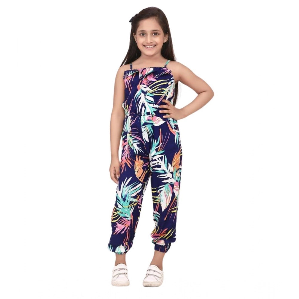 Generic Girl's Rayon Printed Sleeveless Jumpsuit (Blue-Multicolor)