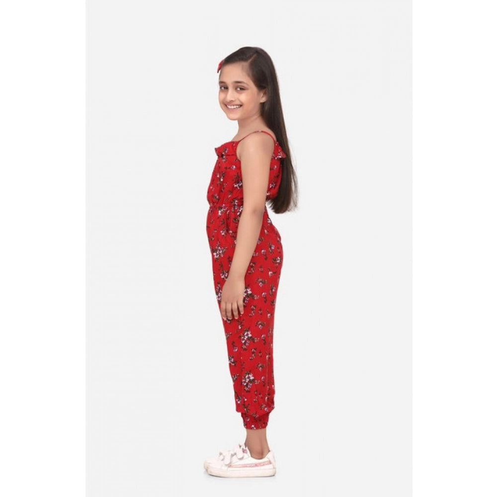 Generic Girl's Rayon Floral Sleeveless Jumpsuit (Red)