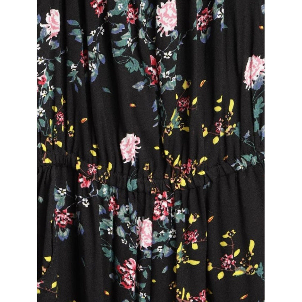 Generic Girl's Rayon Floral Sleeveless Jumpsuit (Black-Pink)
