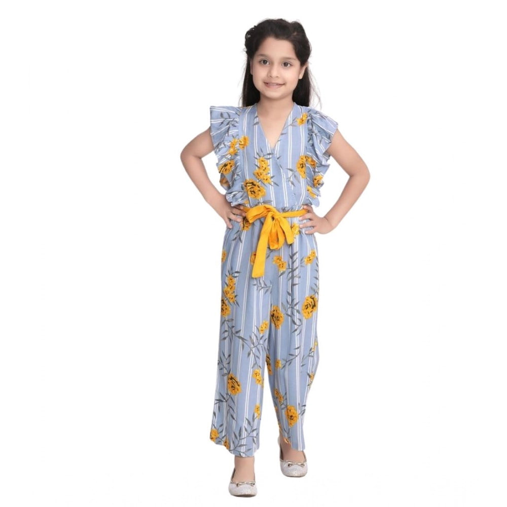 Generic Girl's Rayon Floral Flutter Jumpsuit (Blue-Yellow)