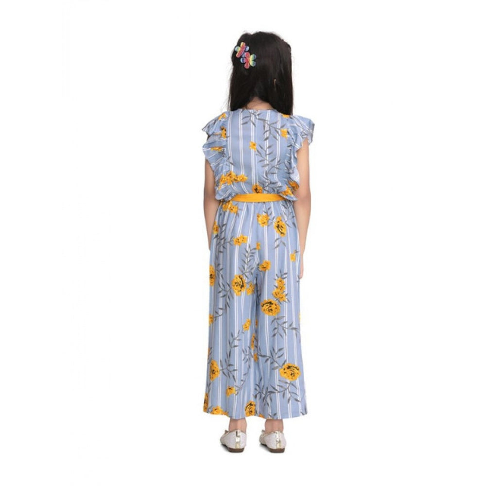 Generic Girl's Rayon Floral Flutter Jumpsuit (Blue-Yellow)