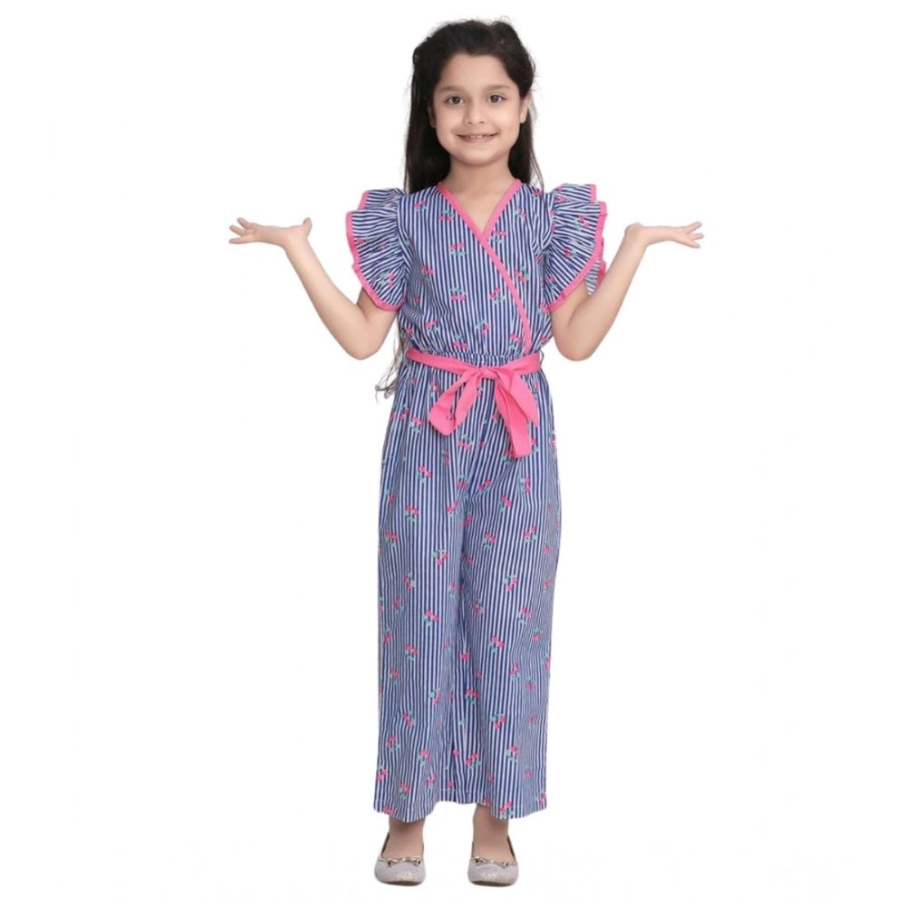 Generic Girl's Cotton Striped Flutter Jumpsuit (Blue-Pink)