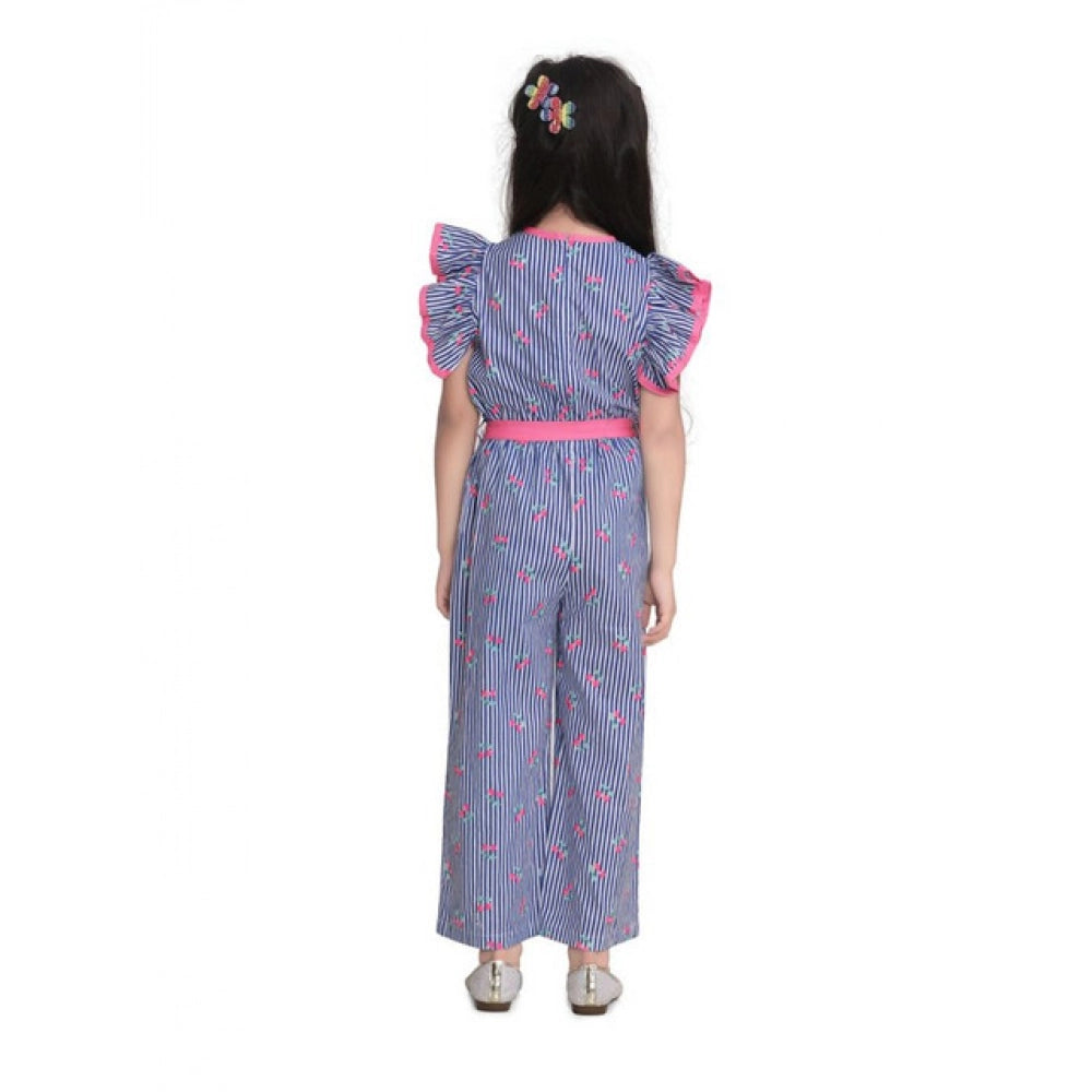 Generic Girl's Cotton Striped Flutter Jumpsuit (Blue-Pink)