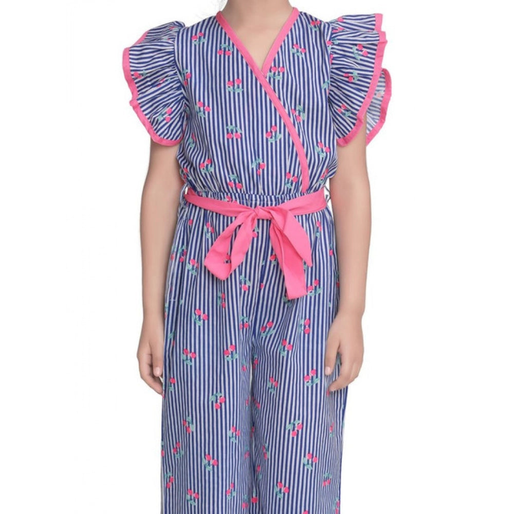Generic Girl's Cotton Striped Flutter Jumpsuit (Blue-Pink)