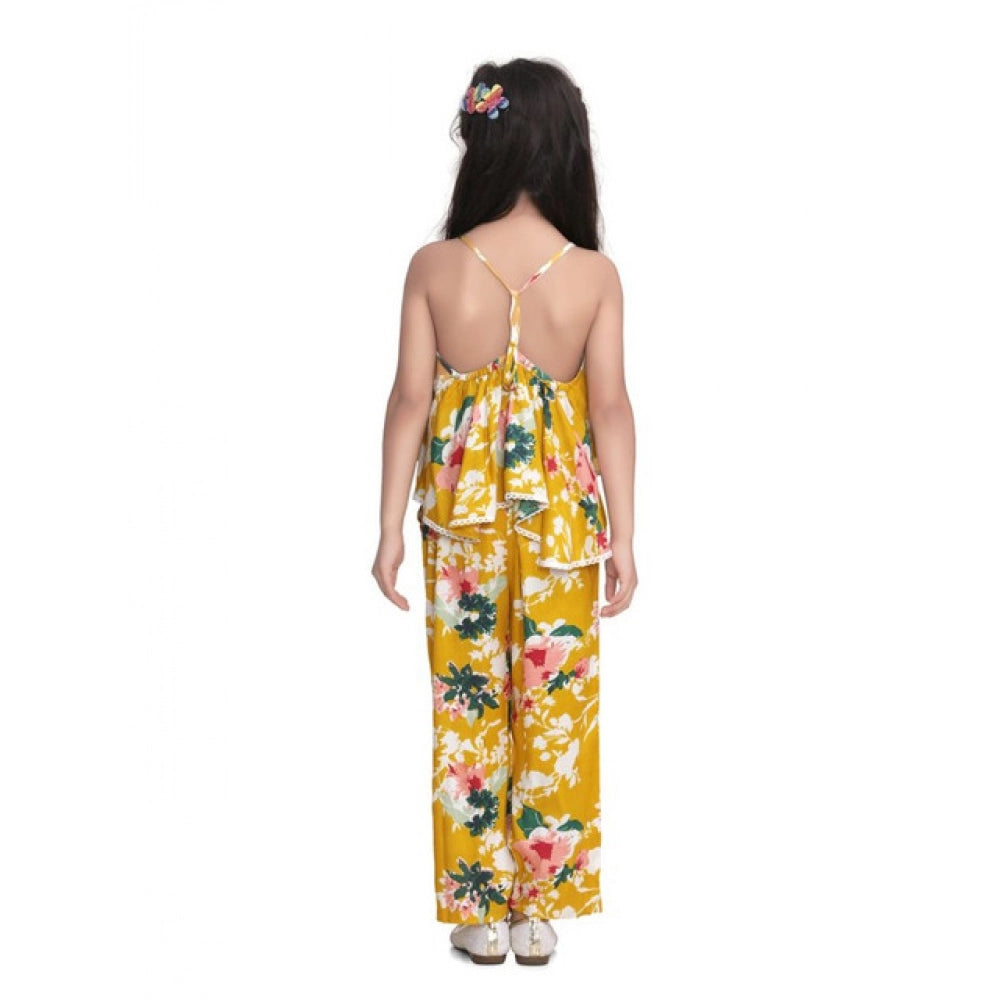 Generic Girl's Rayon Floral Shoulder Straps Jumpsuit (Mustard)