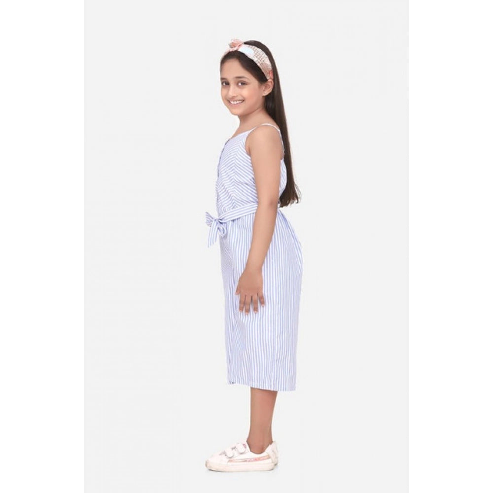 Generic Girl's Polyester Cotton Blend Striped Sleeveless Jumpsuit (Light Blue)