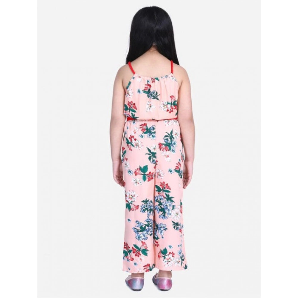 Generic Girl's Polyester Crepe Floral Shoulder Straps Jumpsuit (Peach-Red)