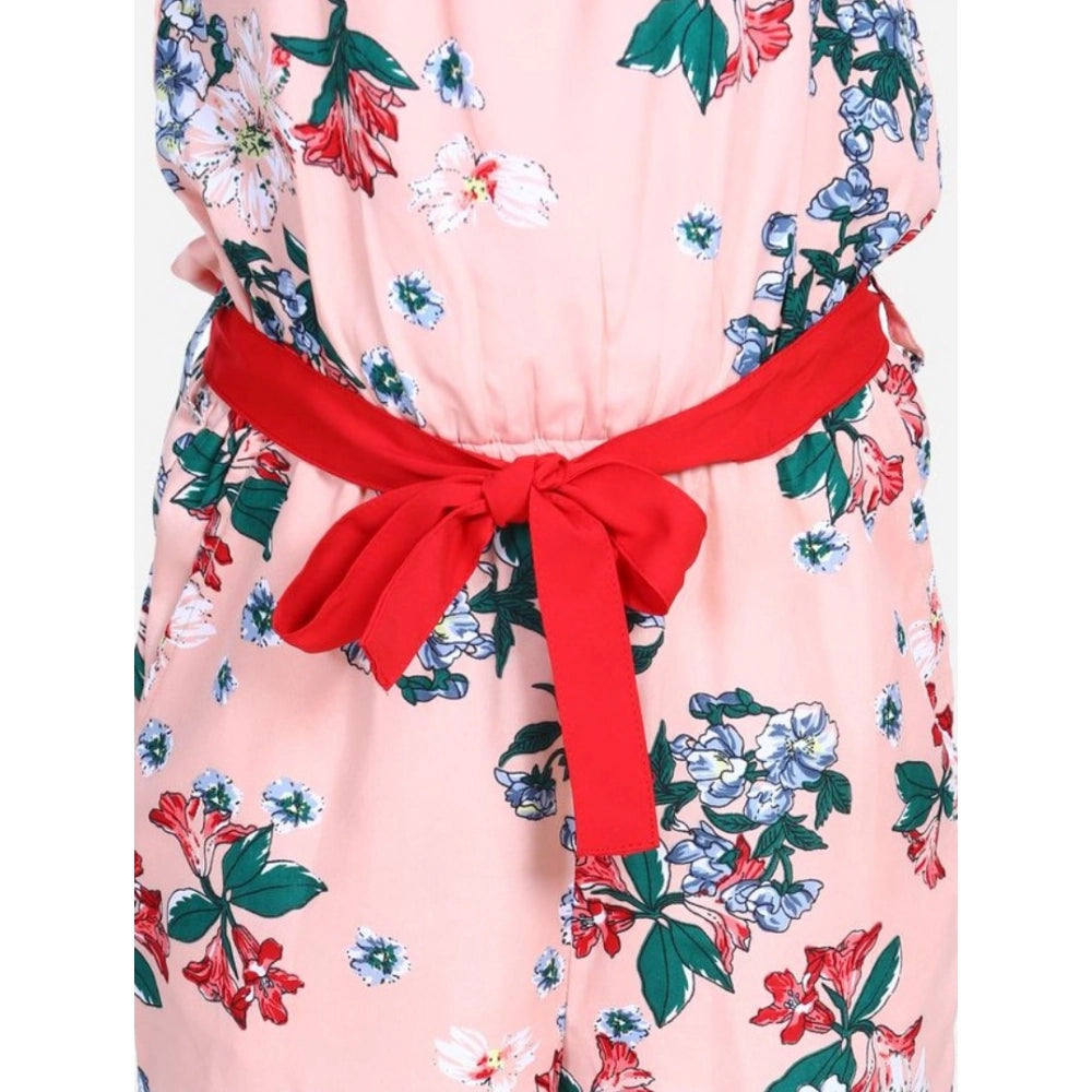 Generic Girl's Polyester Crepe Floral Shoulder Straps Jumpsuit (Peach-Red)