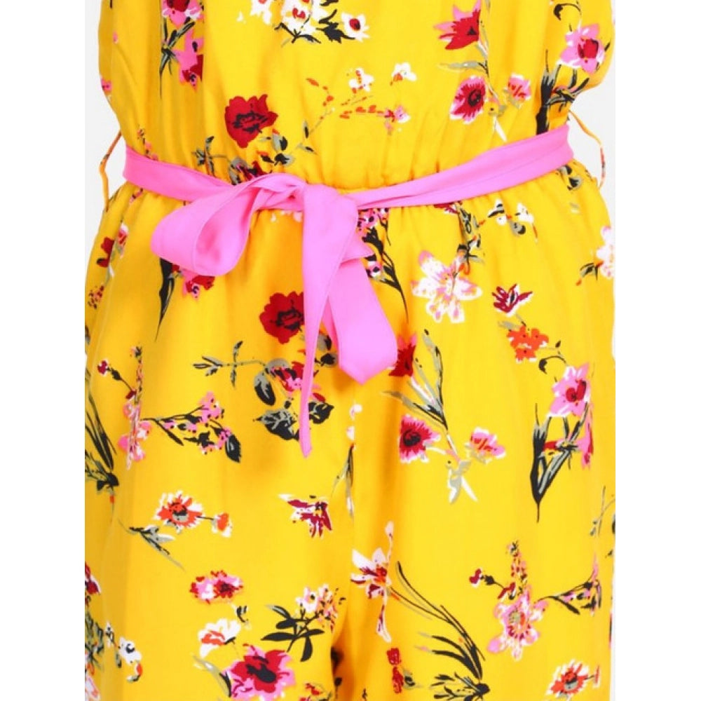 Generic Girl's Polyester Crepe Floral Shoulder Straps Jumpsuit (Yellow-Pink)