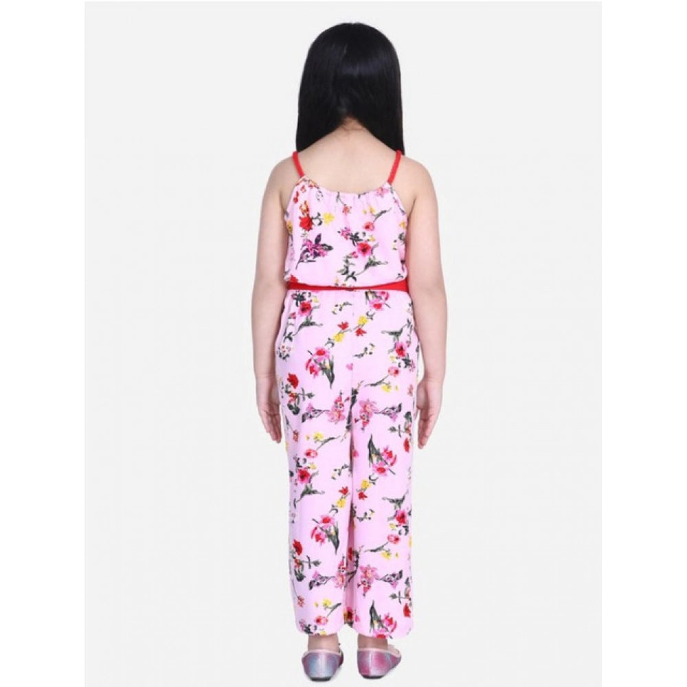 Generic Girl's Polyester Crepe Floral Shoulder Straps Jumpsuit (Pink-Red)