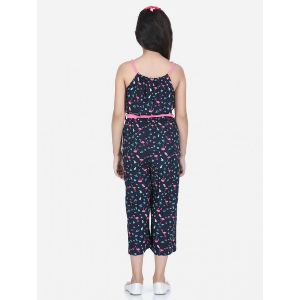 Generic Girl's Rayon Flamingo Print Sleeveless Jumpsuit (Black-Pink)