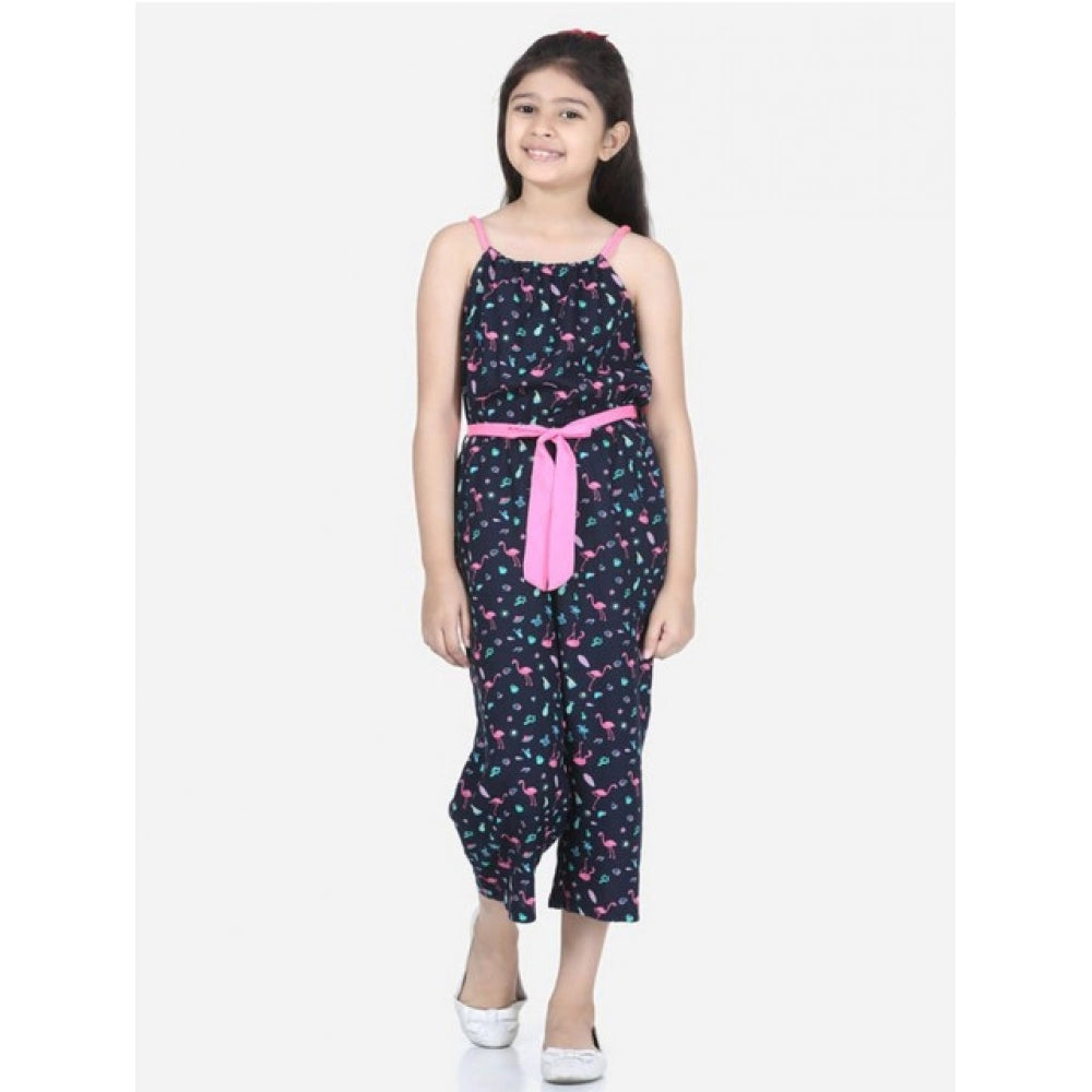 Generic Girl's Rayon Flamingo Print Sleeveless Jumpsuit (Black-Pink)