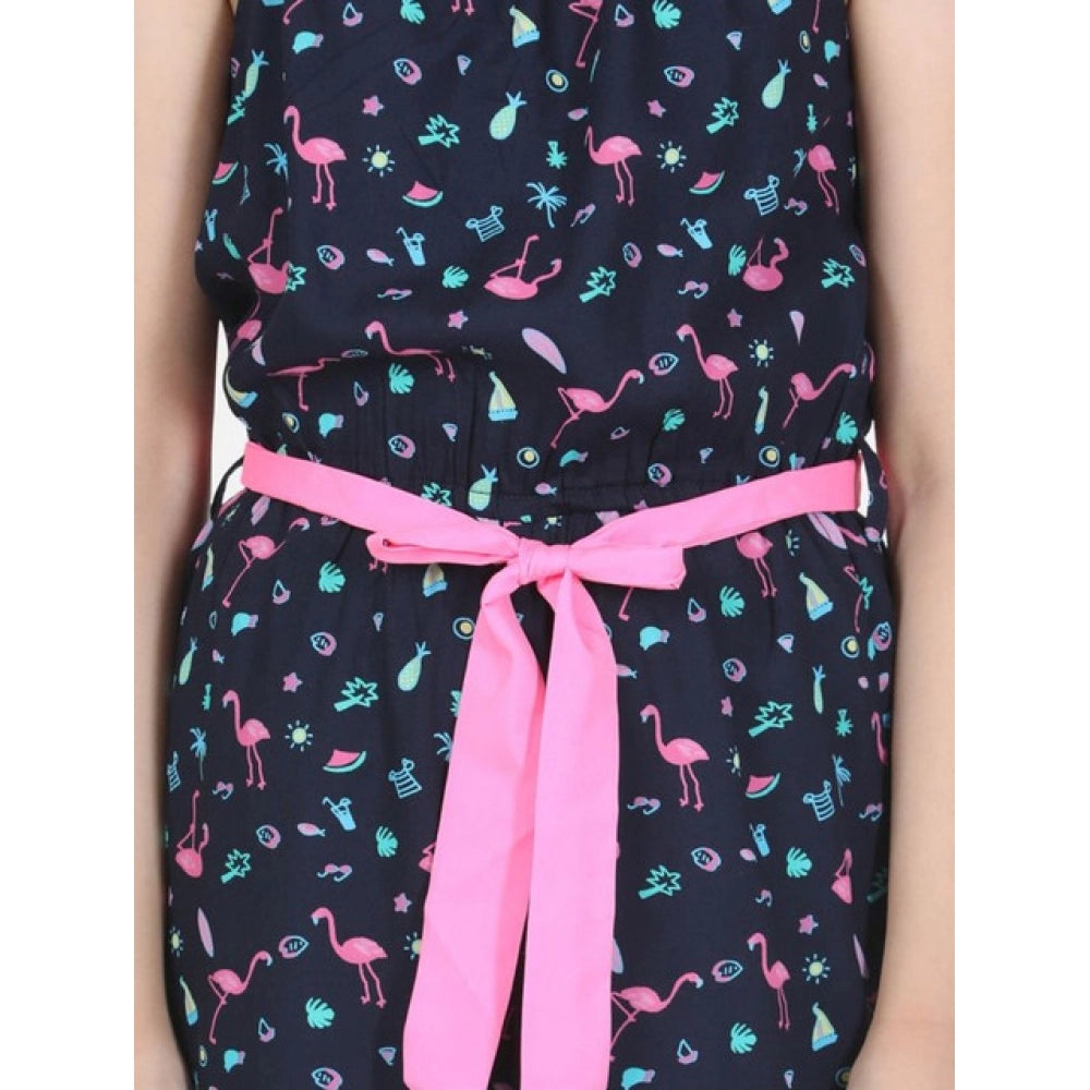Generic Girl's Rayon Flamingo Print Sleeveless Jumpsuit (Black-Pink)