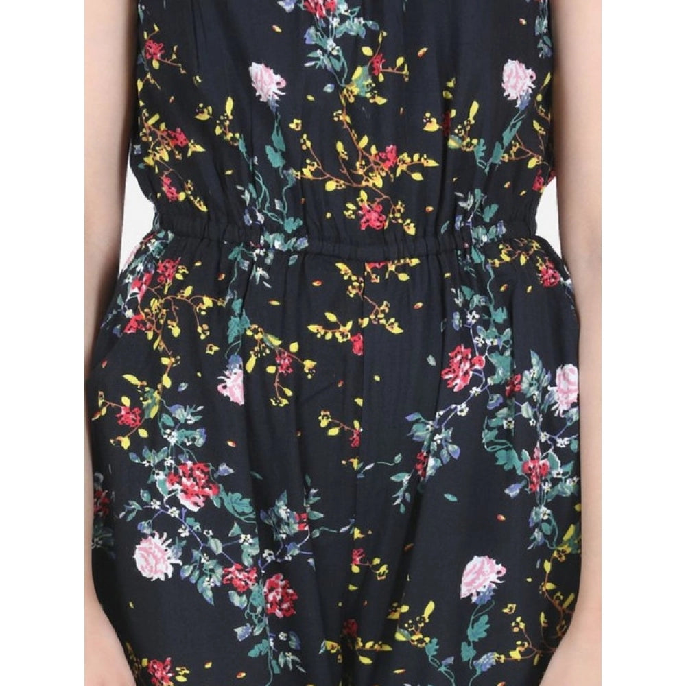 Generic Girl's Rayon Flamingo Print Sleeveless Jumpsuit (Black-Multicolor)