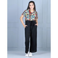 Generic Girl's Polyester Printed Short Sleeves Jumpsuit (Multicolor-Black)