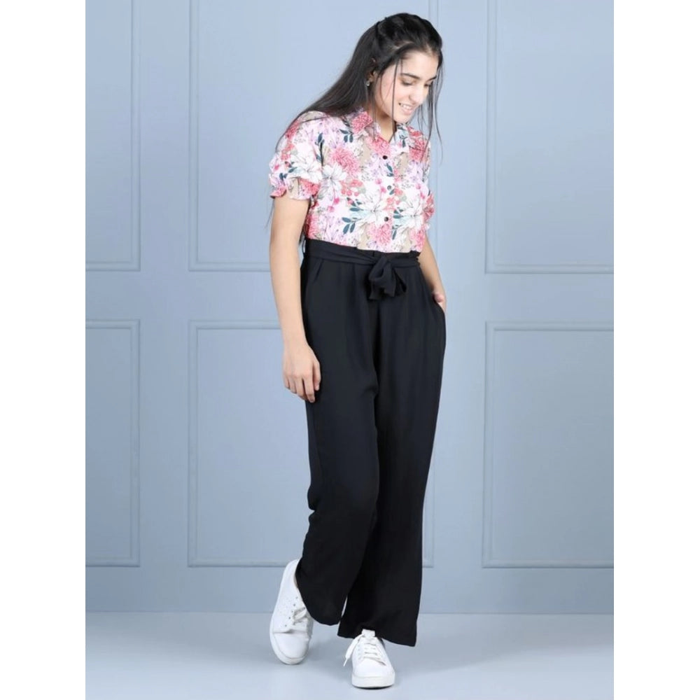 Generic Girl's Polyester Floral Short Sleeves Jumpsuit (White-Black)