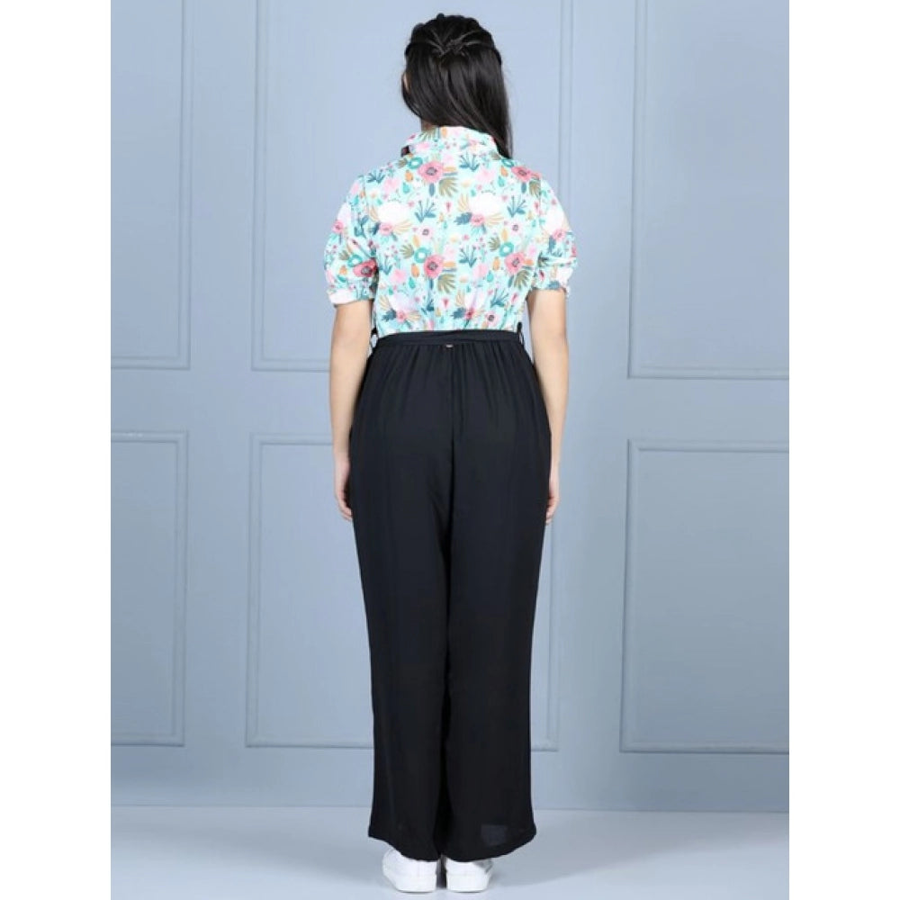 Generic Girl's Polyester Floral Short Sleeves Jumpsuit (Green-Black)