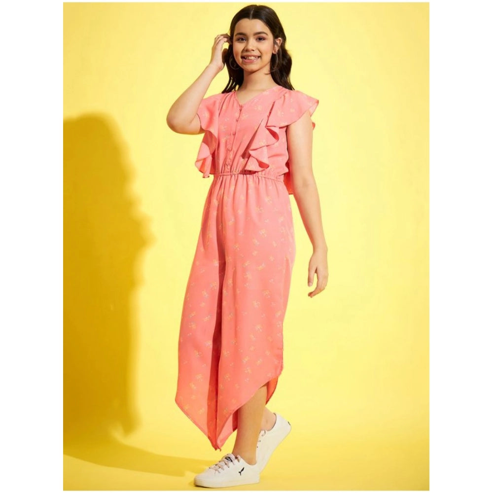 Generic Girl's Polyester Floral Sleeveless Jumpsuit (Pink)