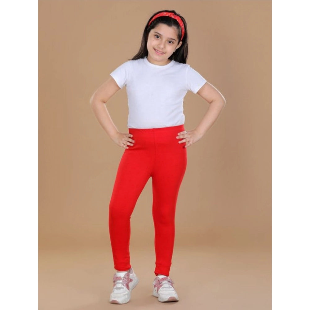 Generic Girl's Cotton Lycra Solid Elasticated Leggings (Red)
