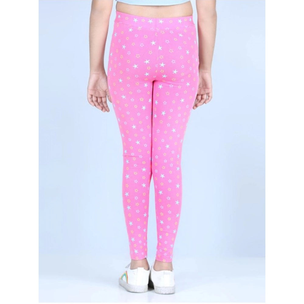 Generic Girl's Cotton Lycra Printed Elasticated Leggings (Pink)