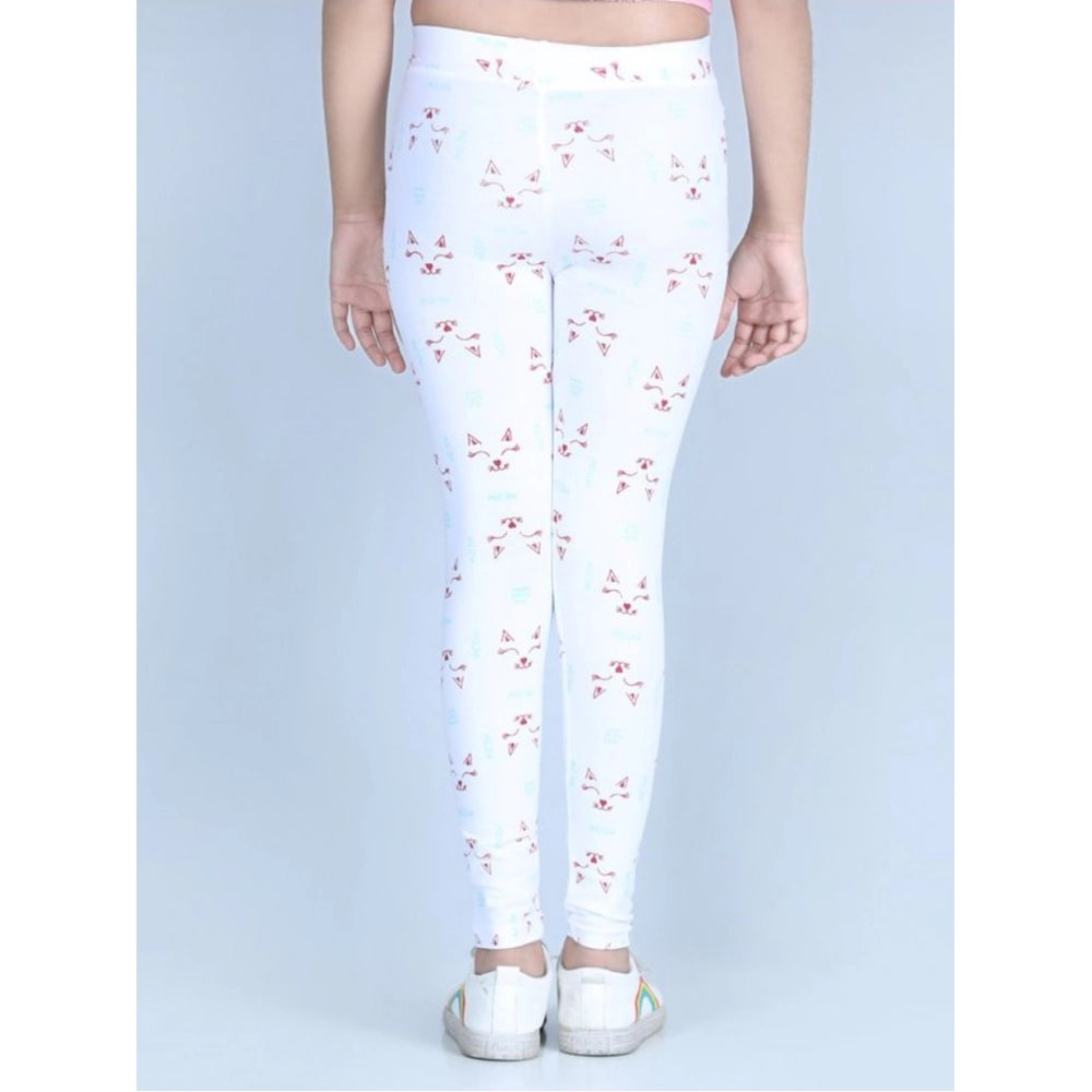 Generic Girl's Cotton Lycra Printed Elasticated Leggings (White)