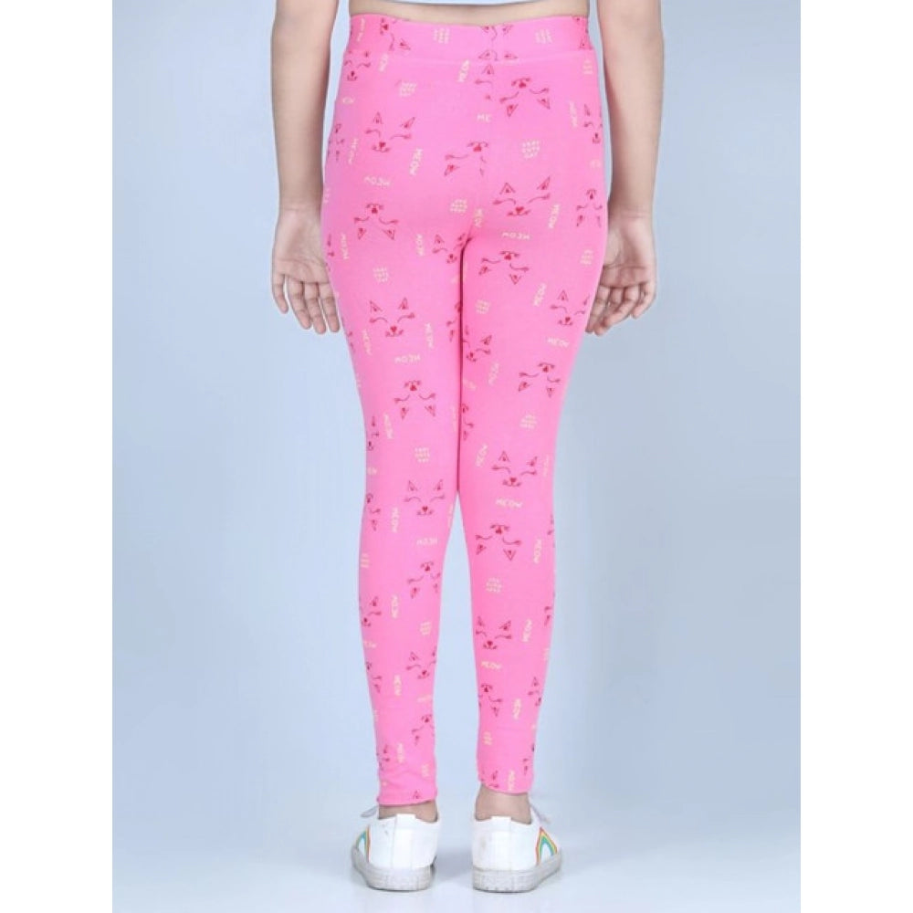 Generic Girl's Cotton Lycra Printed Elasticated Leggings (Pink)