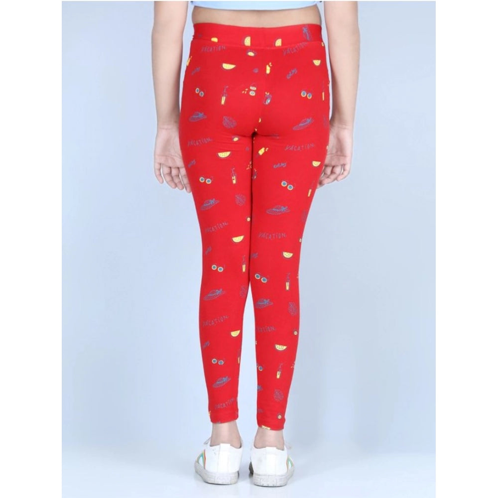 Generic Girl's Cotton Lycra Printed Elasticated Leggings (Red)