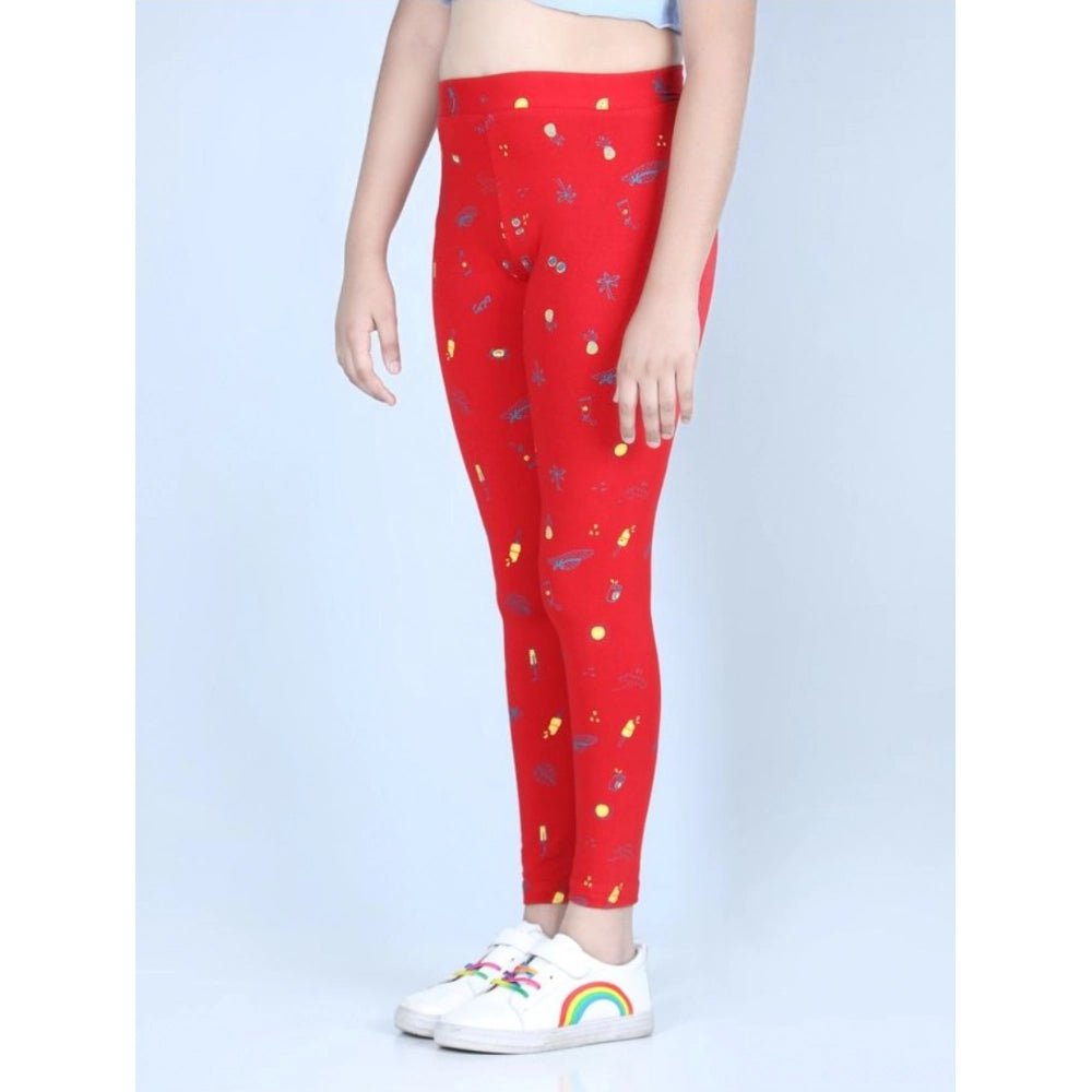 Generic Girl's Cotton Lycra Printed Elasticated Leggings (Red)