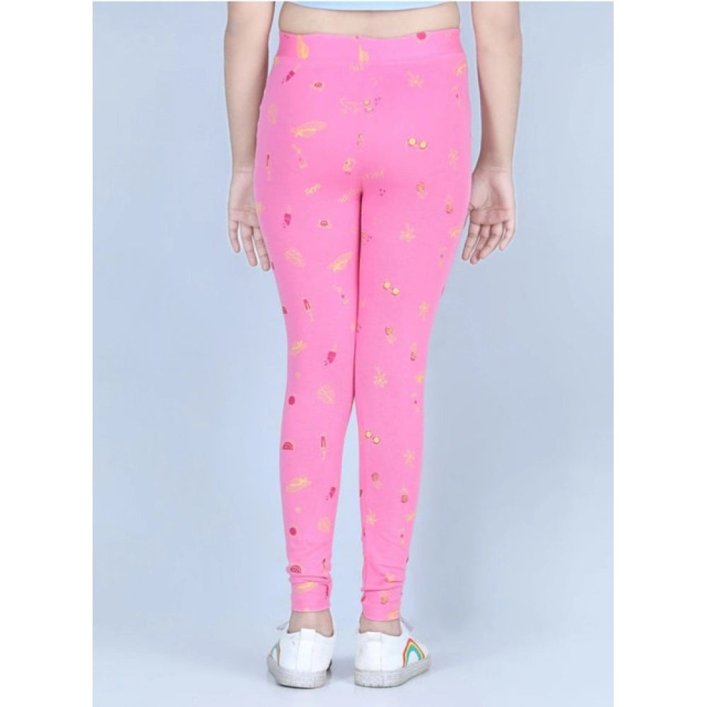 Generic Girl's Cotton Lycra Printed Elasticated Leggings (Pink)