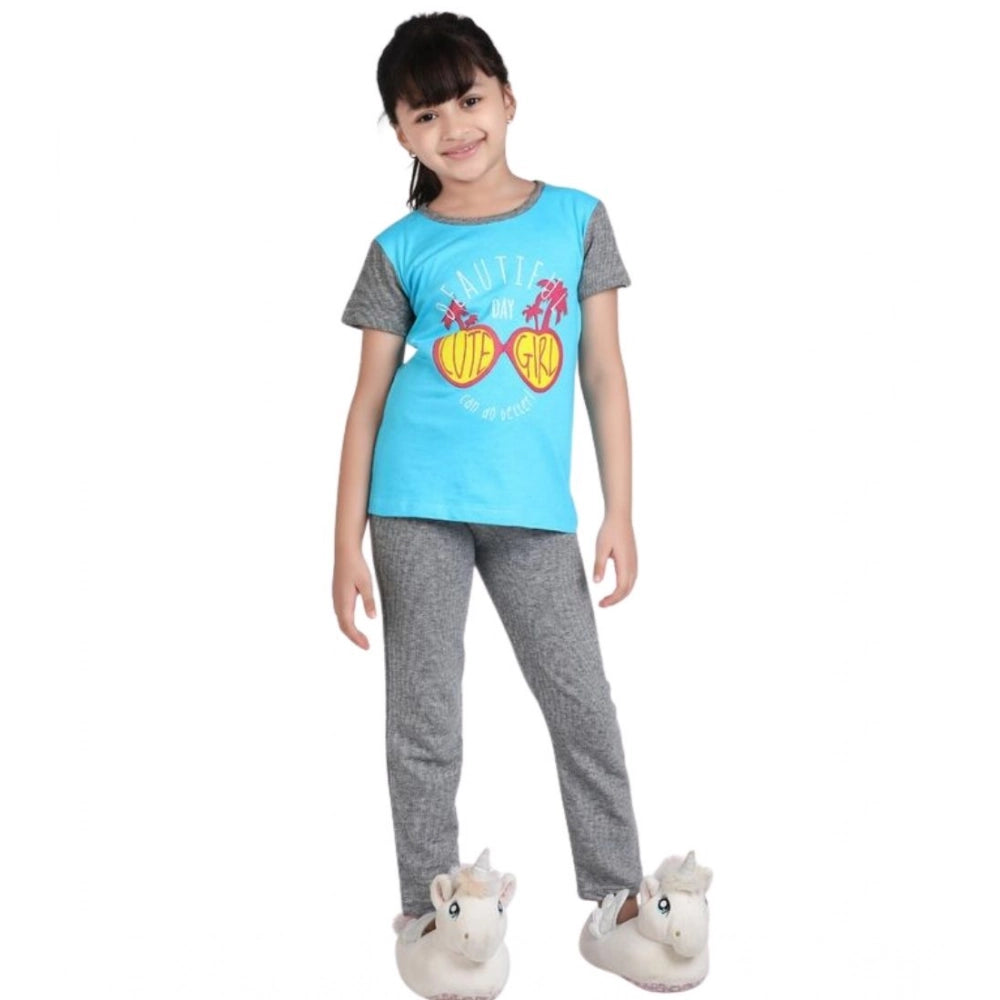 Generic Girl's Cotton Hosiery Printed Night Suit Set (Blue-Grey)
