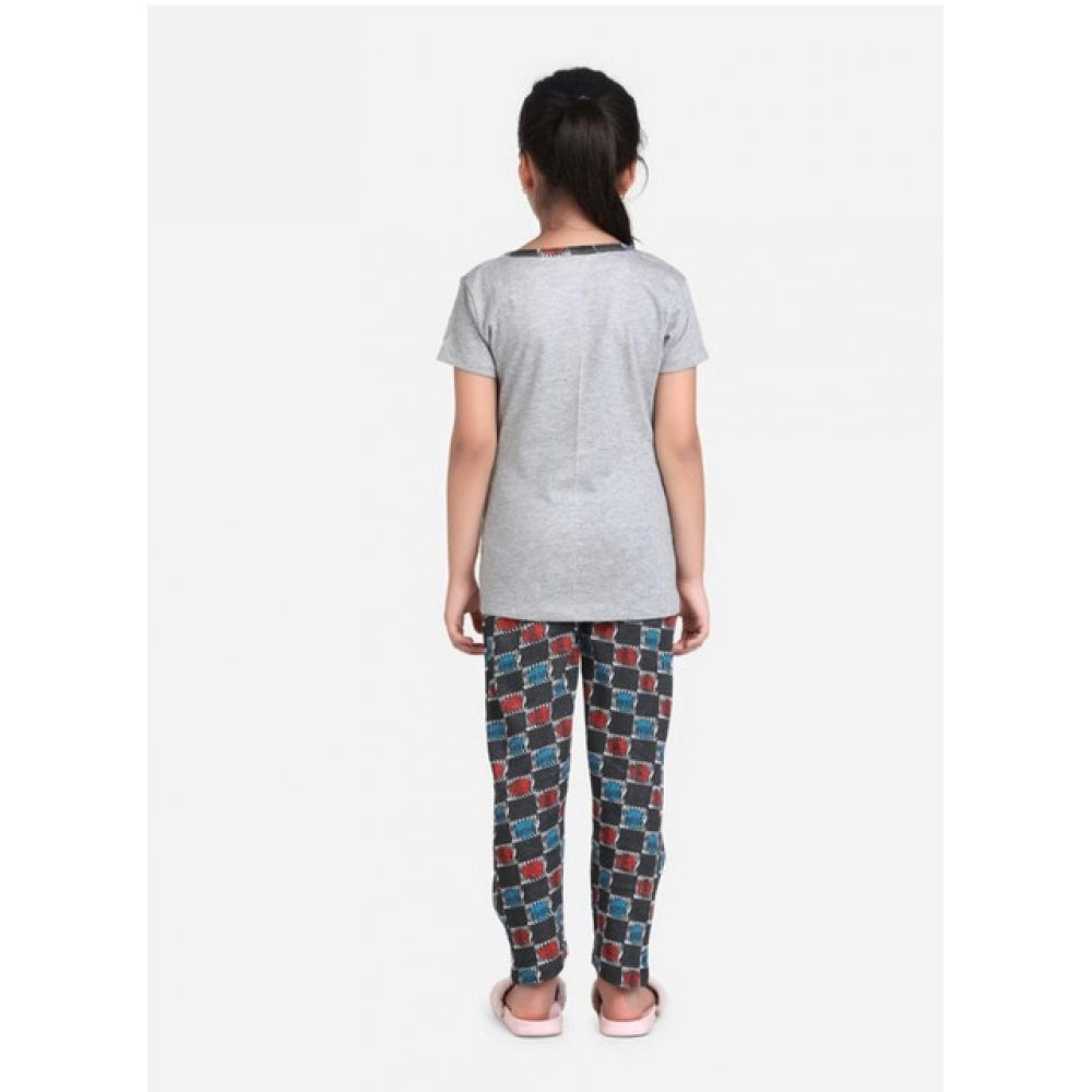 Generic Girl's Cotton Hosiery Printed Night Suit Set (Grey-Red)