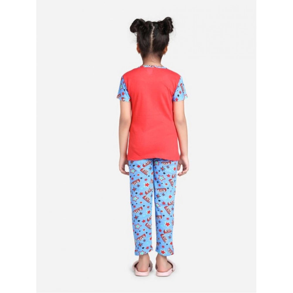 Generic Girl's Cotton Hosiery Printed Night Suit Set (Red-Blue)