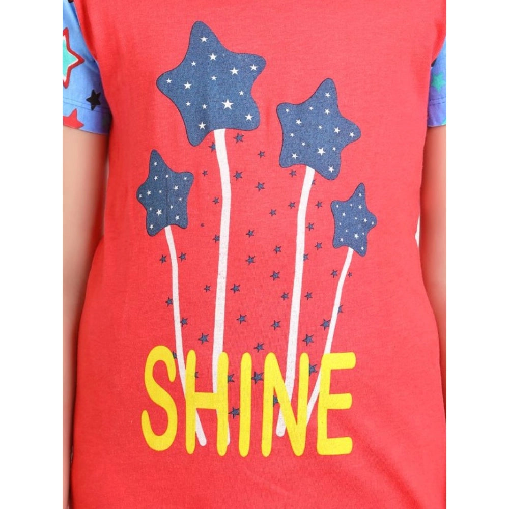 Generic Girl's Cotton Hosiery Printed Night Suit Set (Red-Blue)