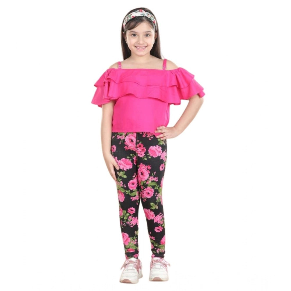 Girl's Cotton Floral Elasticated Jegging and Top Set (Black-Pink)