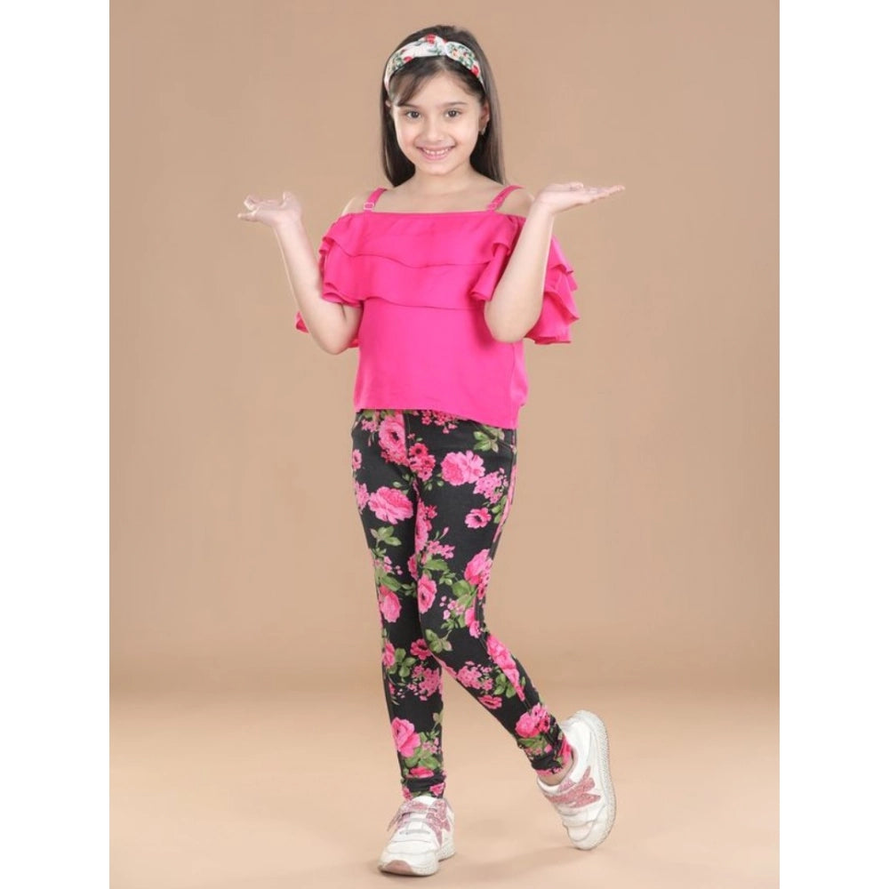 Girl's Cotton Floral Elasticated Jegging and Top Set (Black-Pink)