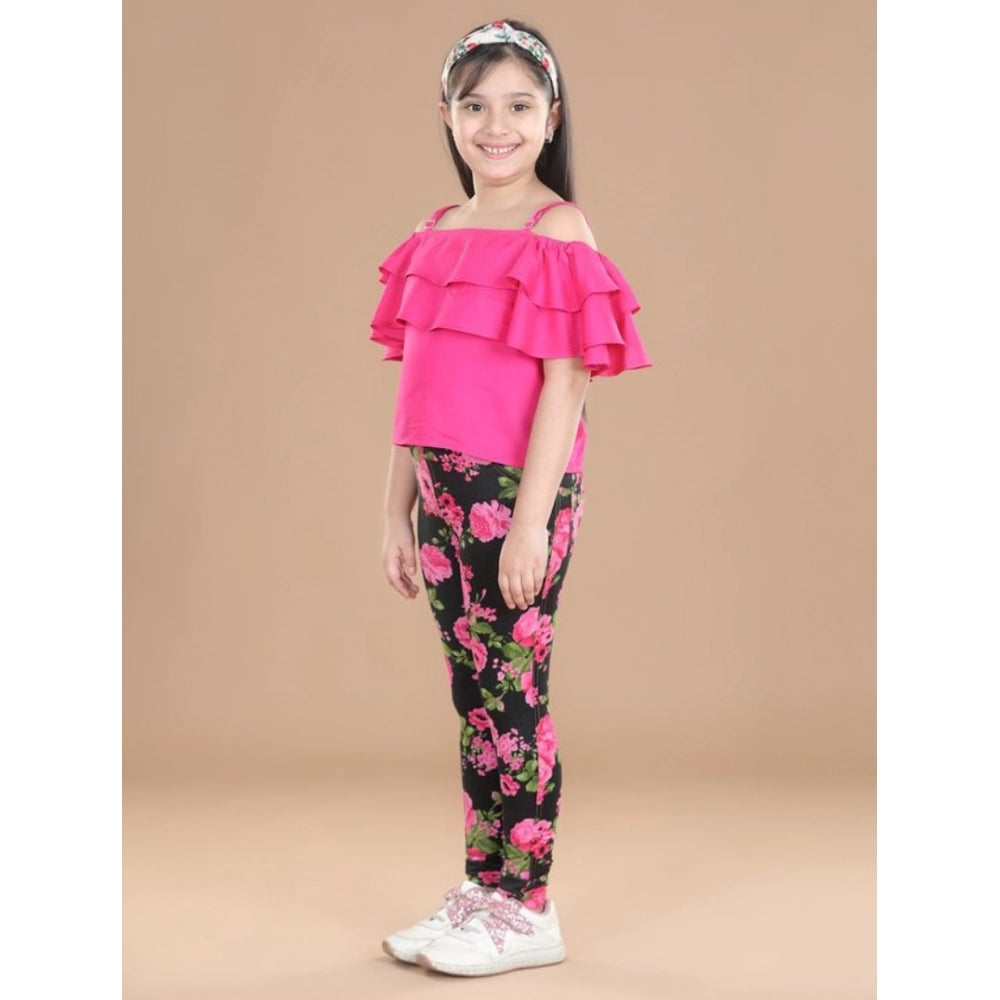 Girl's Cotton Floral Elasticated Jegging and Top Set (Black-Pink)