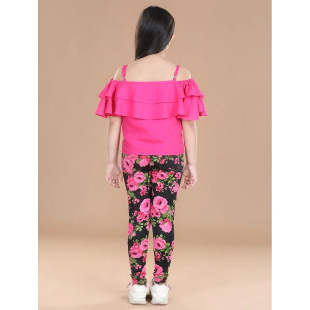 Girl's Cotton Floral Elasticated Jegging and Top Set (Black-Pink)