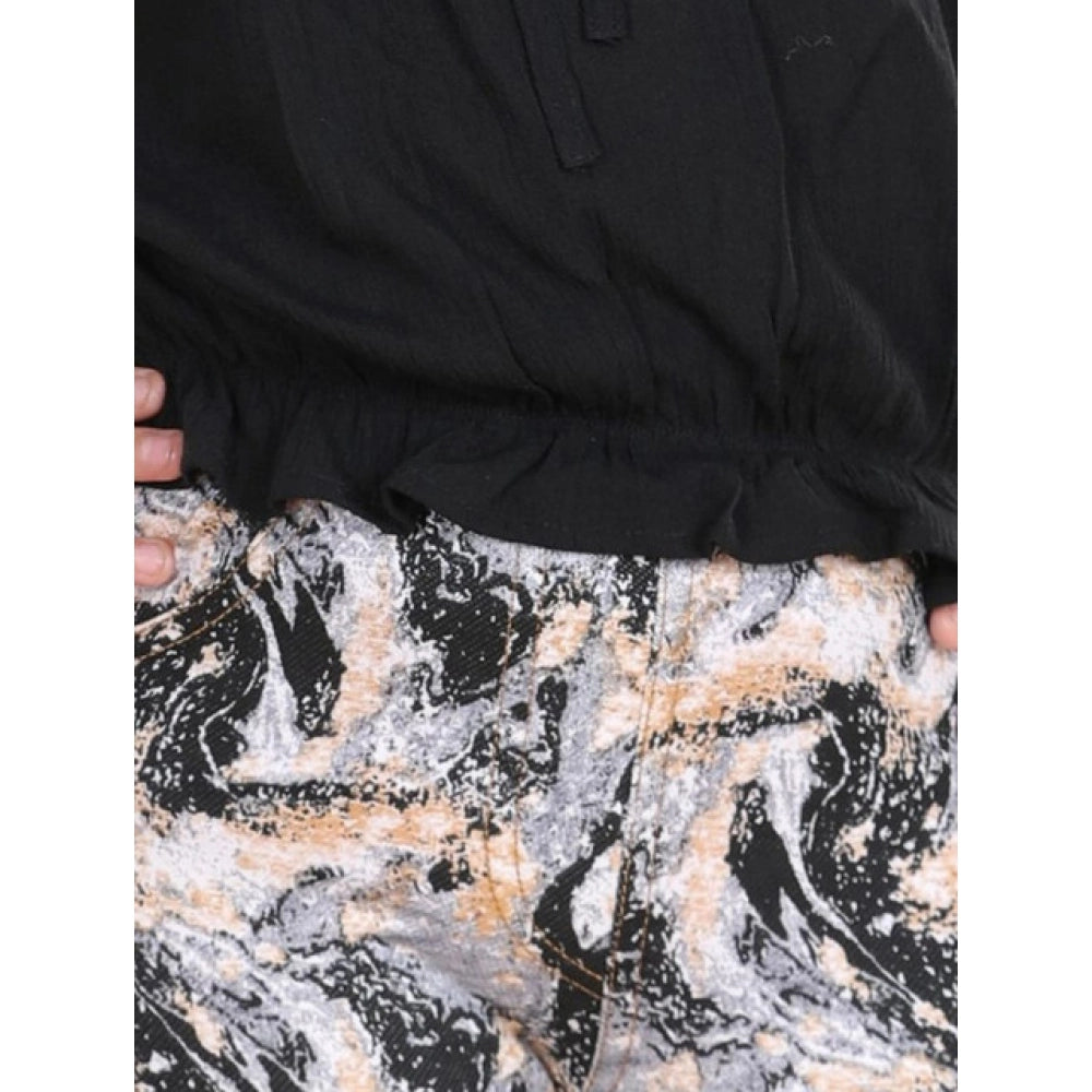 Girl's Cotton Floral Elasticated Jegging and Top Set (Black)