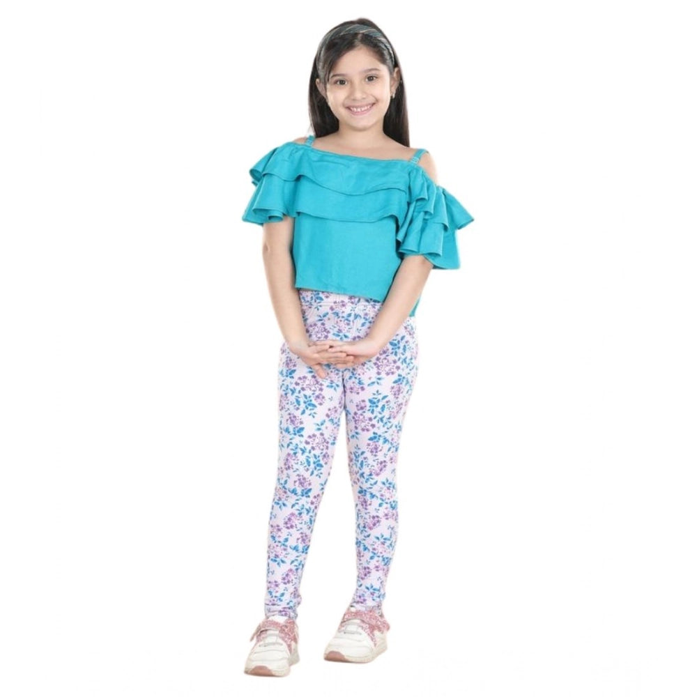 Girl's Cotton Floral Elasticated Jegging and Top Set (Turquoise Blue)