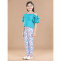 Girl's Cotton Floral Elasticated Jegging and Top Set (Turquoise Blue)