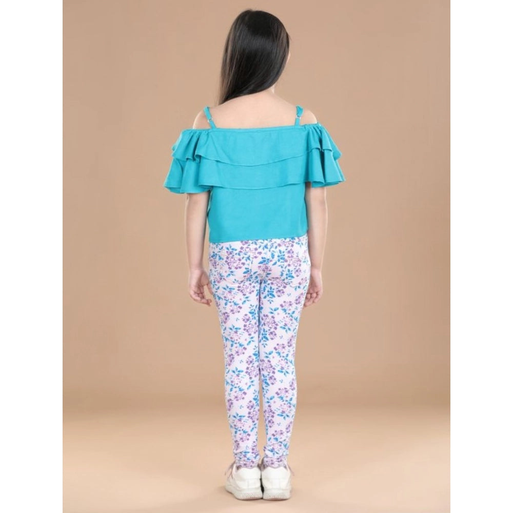 Girl's Cotton Floral Elasticated Jegging and Top Set (Turquoise Blue)