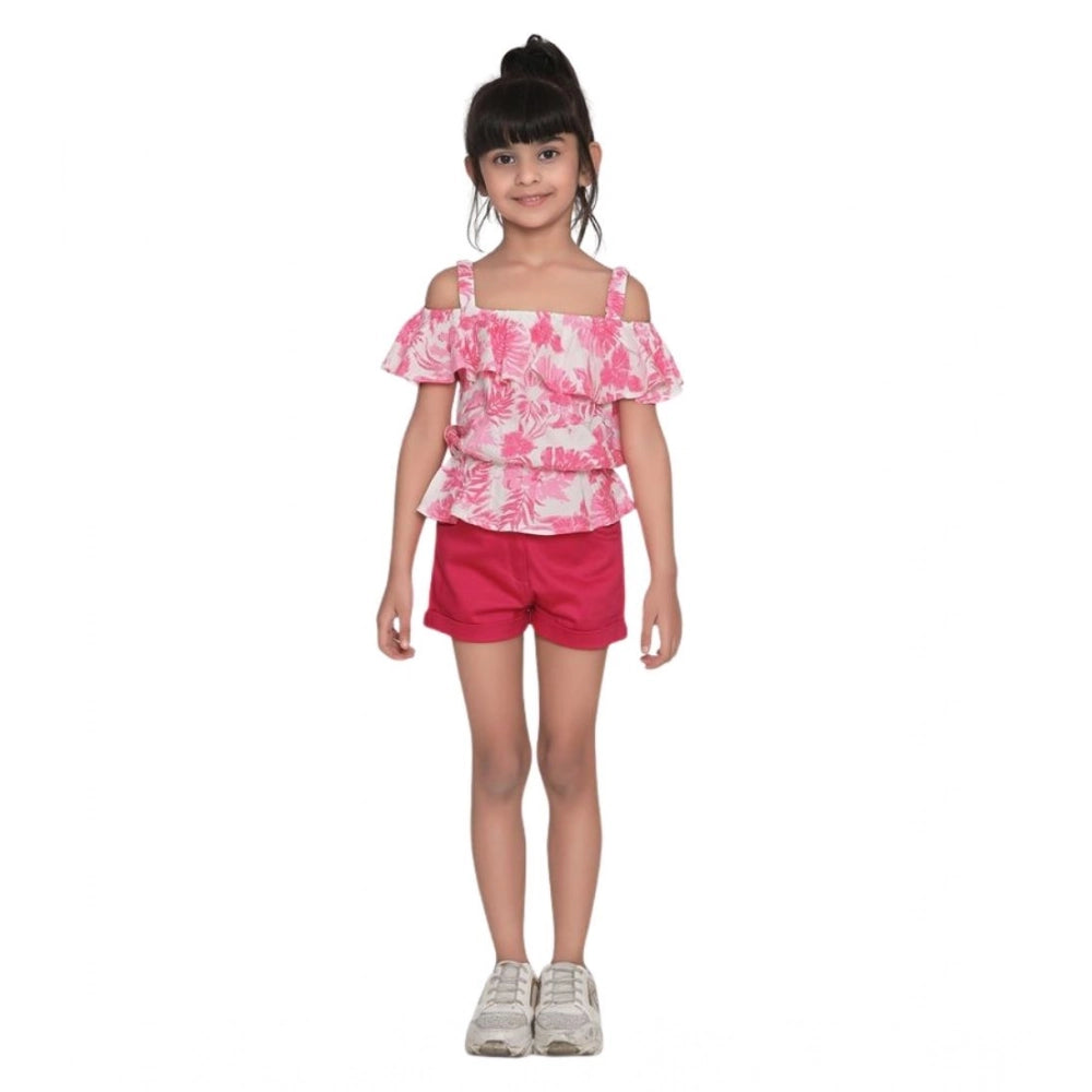 Girl's Cotton Floral Cold Shoulder Top and Shorts Set (Pink-Red)