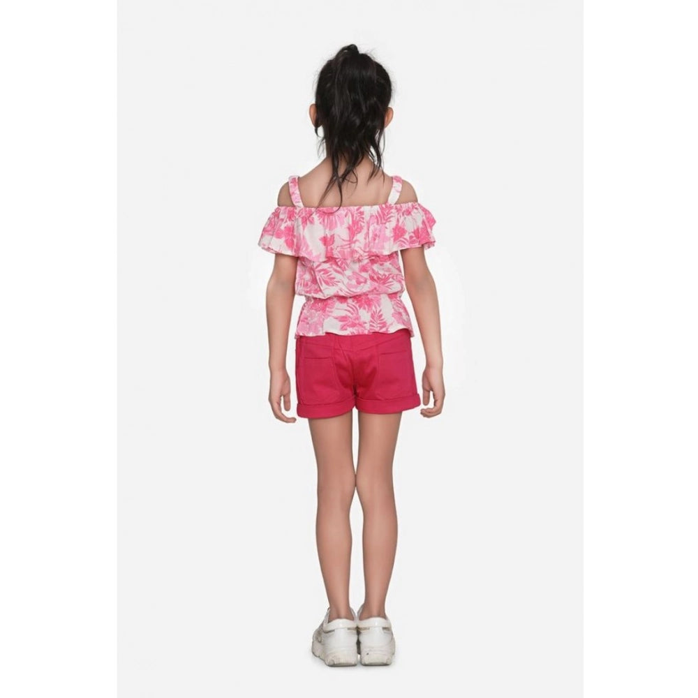 Girl's Cotton Floral Cold Shoulder Top and Shorts Set (Pink-Red)