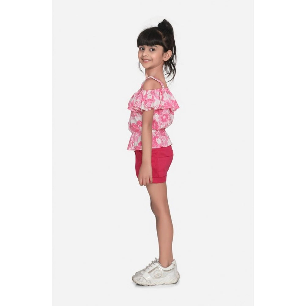 Girl's Cotton Floral Cold Shoulder Top and Shorts Set (Pink-Red)