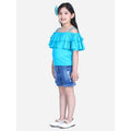 Generic Girl's Rayon Solid Cold Shoulder Top with Shorts (Blue)