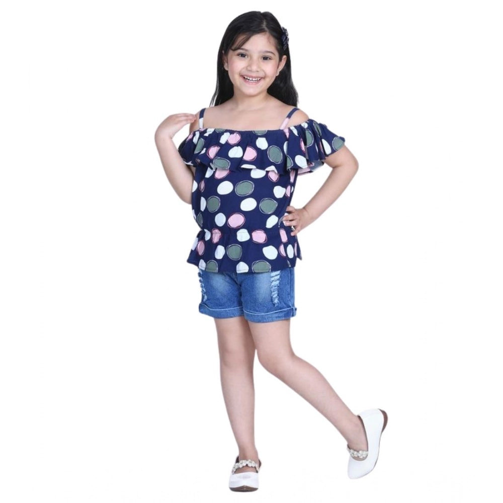 Generic Girl's Rayon Solid Cold Shoulder Top with Shorts (Navy Blue)