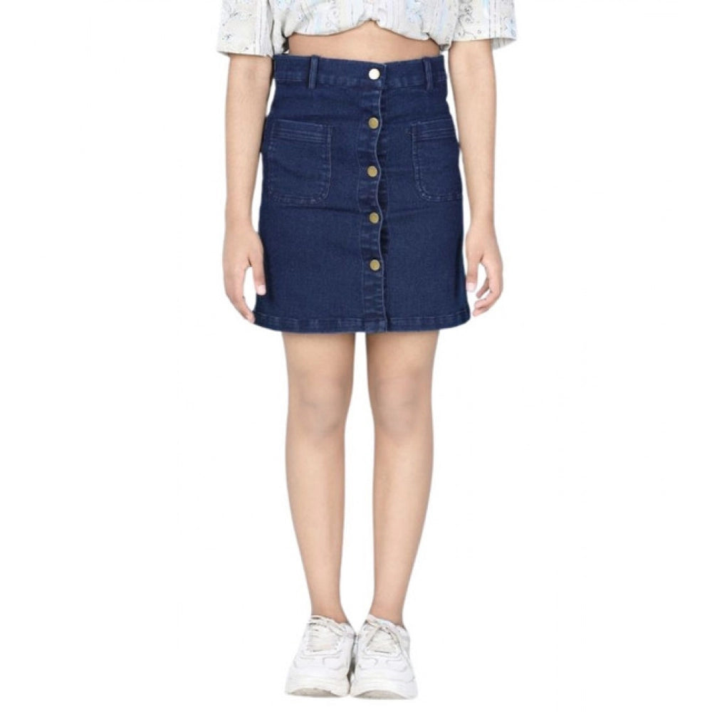 Generic Girl's Denim Solid Buttoned Skirt (Navy Blue)