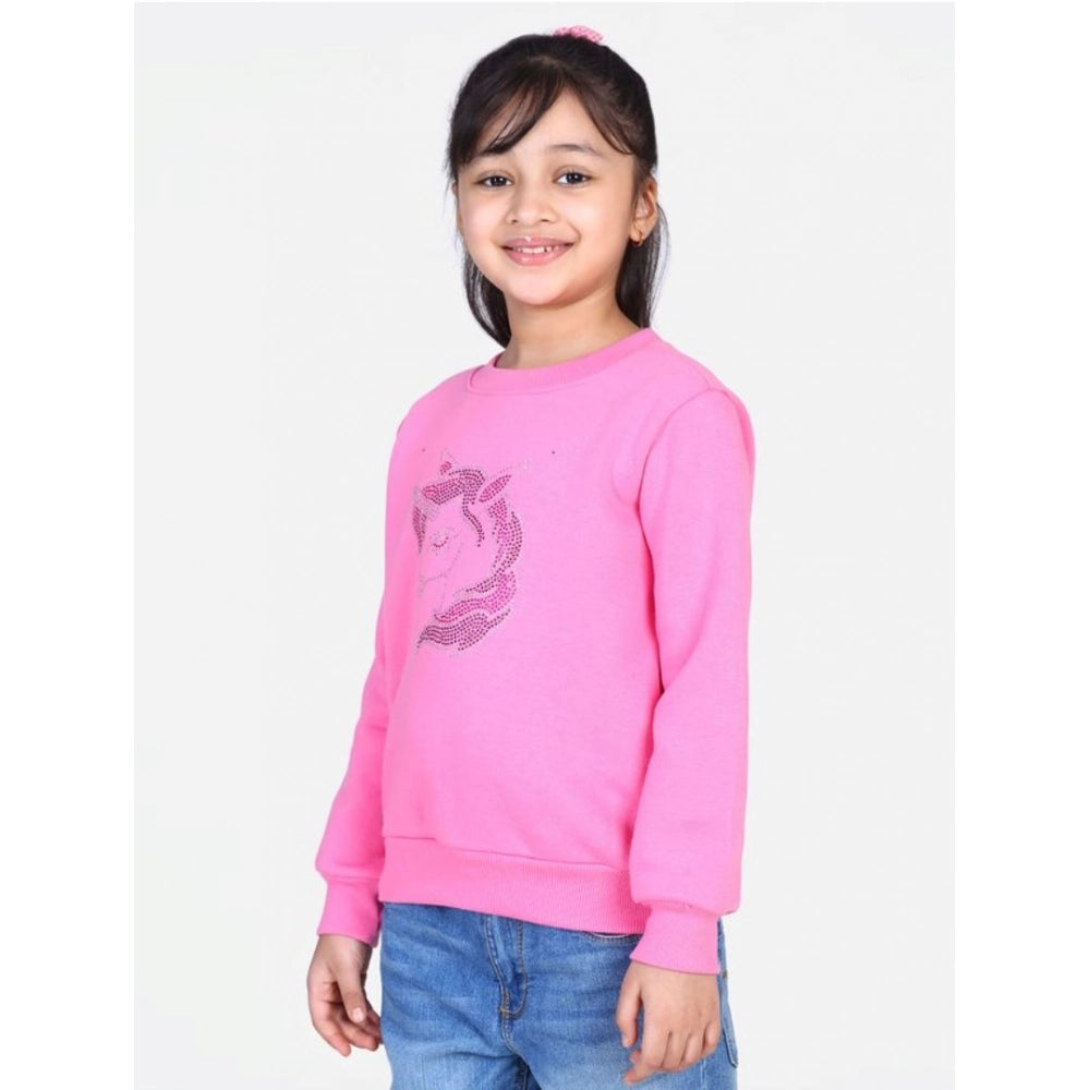 Generic Girl's Fleece Embellished Long Sleeves Sweatshirt (Pink)