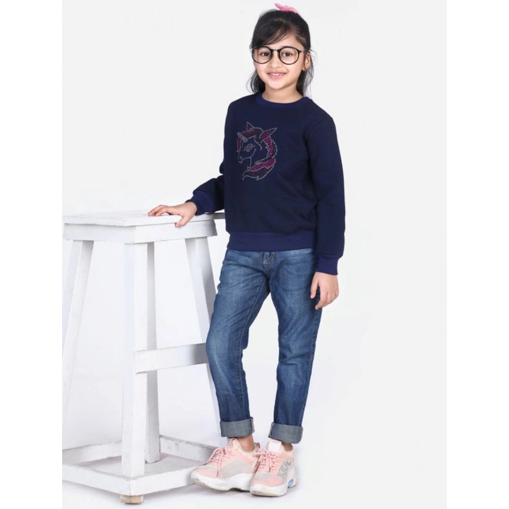Generic Girl's Fleece Embellished Long Sleeves Sweatshirt (Navy Blue)