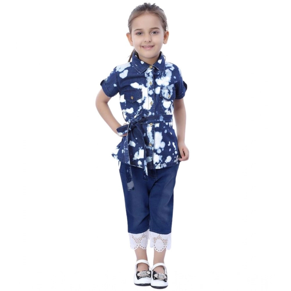 Generic Girl's Denim Tie &amp; Dye Short Sleeve Top (Blue-White)